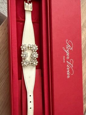Roger Vivier Cream Leather Bracelet with Crystal Floral Buckle